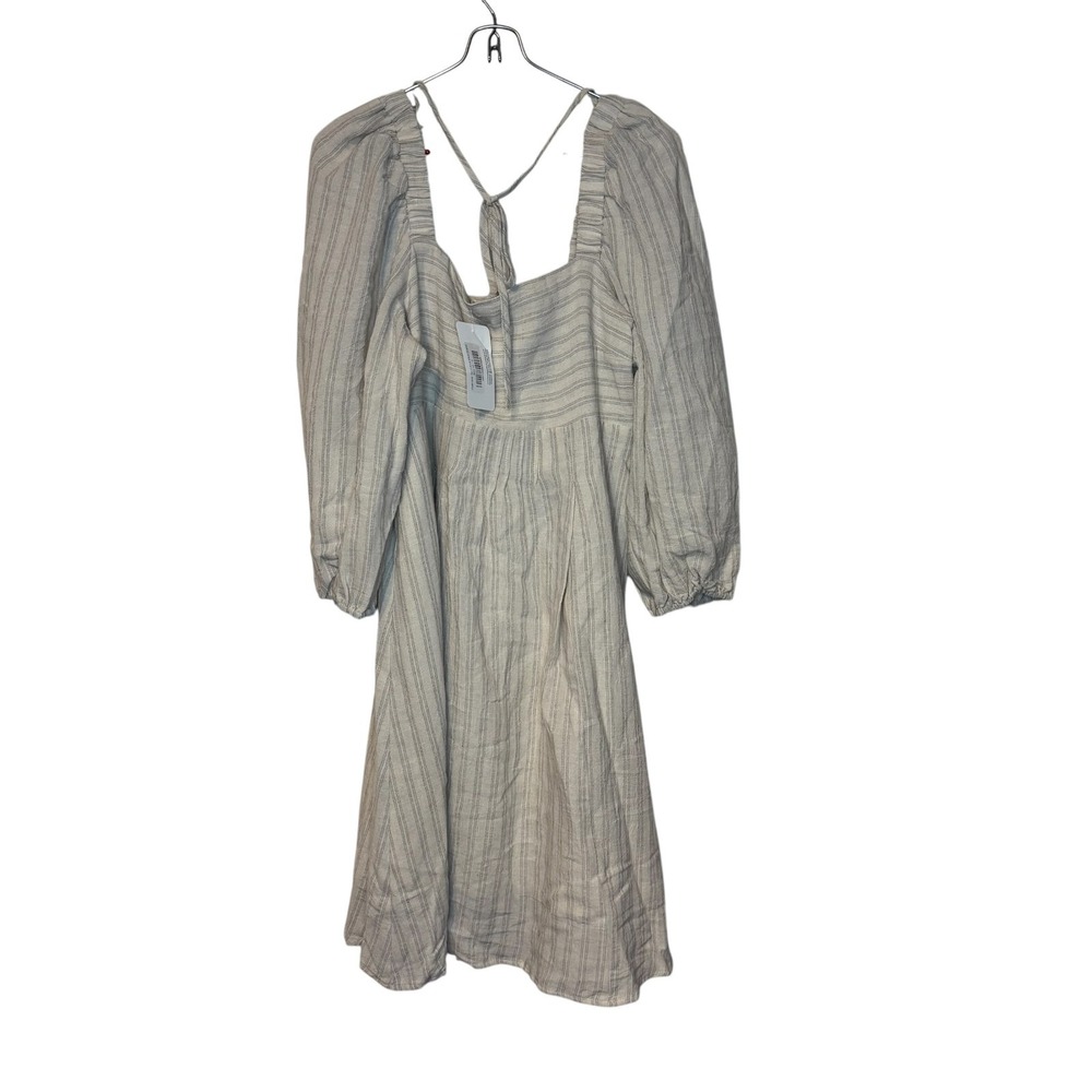 Mystree Womens Smocked Midi Dress Lined Striped Puff Sleeve Oatmeal Small NWT